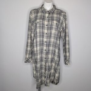 Kavu Jurnee Cream Grey Plaid Long Sleeve Button Up Cozy Lounge Dress XL